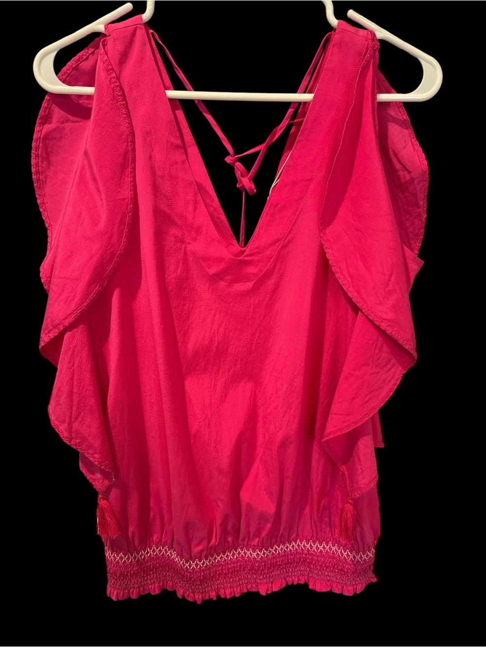 Trina Turk Hot Pink Flutter V-Neck Blouse with Back Tie